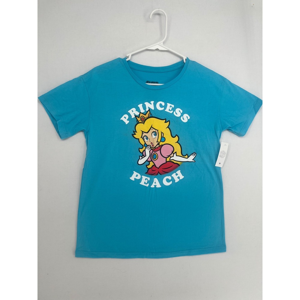 Super Mario Princess Peach Graphic T-Shirt Girls XL 14/16 Icy Blue Turq Nintendo